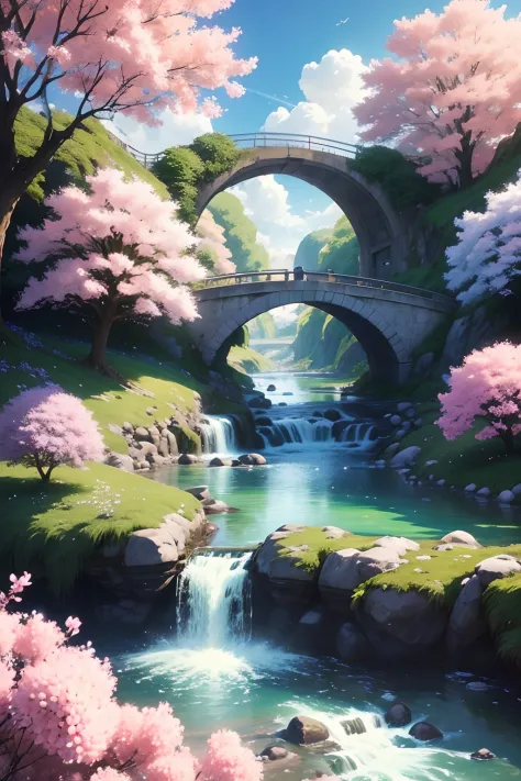 bubbles and swirling fountains, painting of a beautiful landscape with a river and a bridge, beautiful art uhd 4 k, anime beautiful peace scene, anime nature, anime art wallpaper 4k, cotton candy, fluffy, beautiful puffy drillhair woman, hydrangea, mock or...