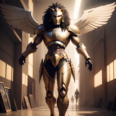 Lion warrior has Egyptian robot wings in realistic 4K armor., full entire body,Super Detailed, Vray Display, Unrealistic engine, Midjourney Art Style.