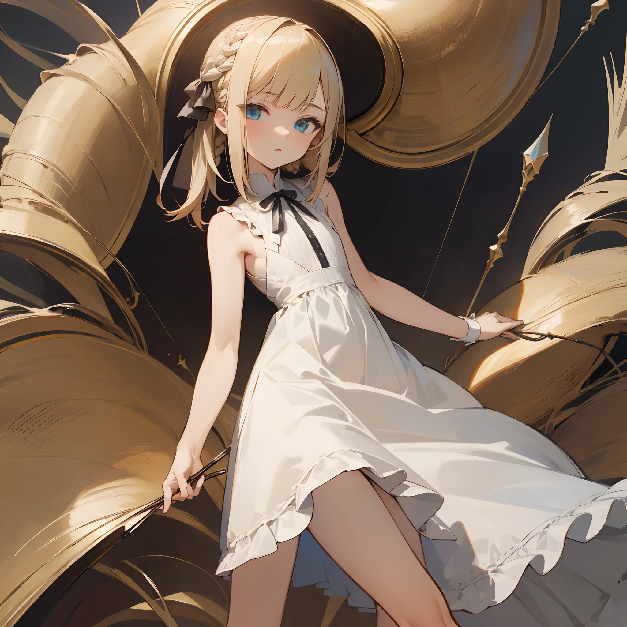 Reines, 1girl, high quality, best quality, illustration, masterpiece, (highly detailed:1.2), (extremely detailed:1.3), flat chest, sleeveless, young girl, white dress, looking at viewers, short skirt, white, string ribbon, braid