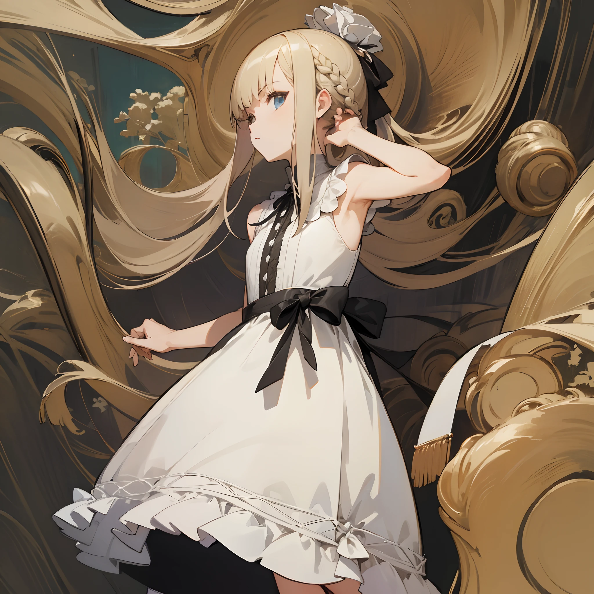 Reines, 1girl, high quality, best quality, illustration, masterpiece, (highly detailed:1.2), (extremely detailed:1.3), flat chest, sleeveless, young girl, white dress, looking at viewers, short skirt, white, string ribbon, braid