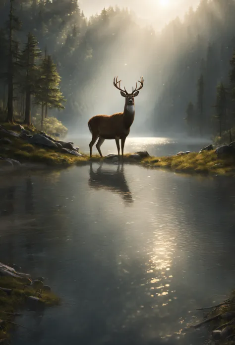 1 shining deer on lake, surrounded by forest, mist, sunbeam to the deer, cinematic, detailed, atmospheric, epic, concept art, Ma...