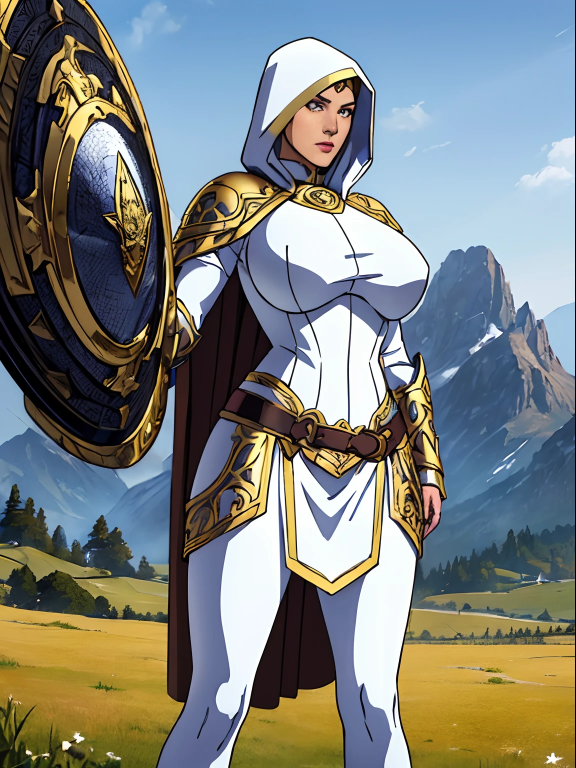 (masterpiece, top quality, best quality, official art, beautiful and aesthetic:1.2), (1girl:1.3), light freckles, fair skin, extremely detailed, portrait, looking at viewer, solo, (full body:0.6), detailed background, close up, (warm grasslands theme:1.1), holy paladin knight, charlatan, smirk, mysterious, swaying in mountains, modest attire, ((((ornate white and gold metal plate armor)))), cowl, nun hood, wimple, boob armor, cowl, robe, chain mail, chainmail, leggings, chainmail leggings, chain mail leggings, breastplate, tabard, gorget, hood, pauldrons, greaves, armored, long boots, longsword, shield, cape, cloak, pearlescent metal, white fabric, pale leather, ((((gigantic breasts)))), slim waist, slim hips, long legs, medieval (mountain exterior:1.1) background, dark mysterious lighting, shadows, magical atmosphere, dutch angle,