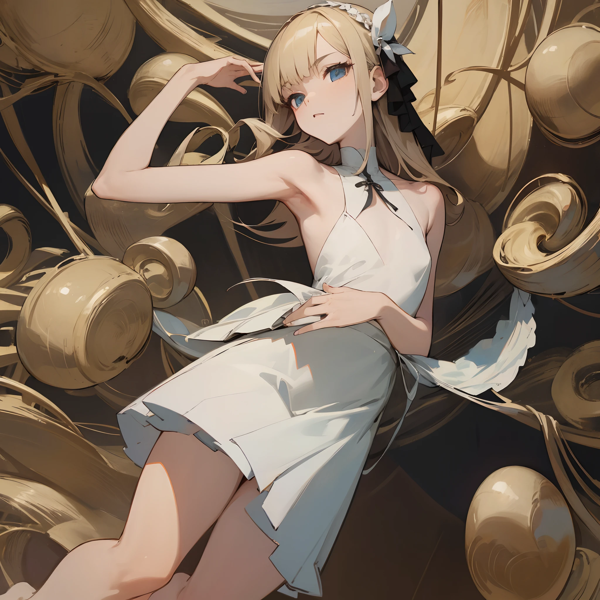 Reines, 1girl, high quality, best quality, illustration, masterpiece, (highly detailed:1.2), (extremely detailed:1.3), flat chest, sleeveless, bare shoulders, young girl, white dress, looking at viewers, short skirt, white, string ribbon, braid