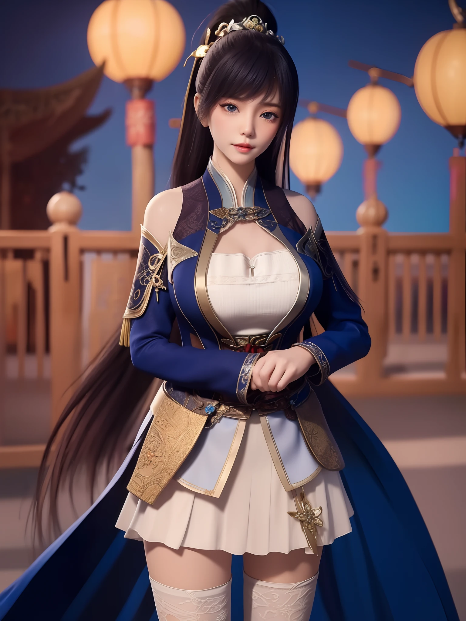 1girl,long hair,dress,hair ornament,looking at viewer,mature female,cityscape,night,thighhighs,clothing cutout,bangs,white skirt,ponytail,cowboy shot,long sleeves,belt,blue eyes,makeup,blush,Master quality, highest quality, best picture quality, exaggerated details, goddess moonlight 9  year old asian little girl with a shy expression,a close up , teen girl with super nice boobs(long hair / very, very exaggerated big breasts and tight, round breasts) , posing in front of the camera, having , wet breast under wear, wet breast hanfu open v chest clothes, full body xianxia,  thin silk fabric wet body, thin silk fabric lace petticoat, she