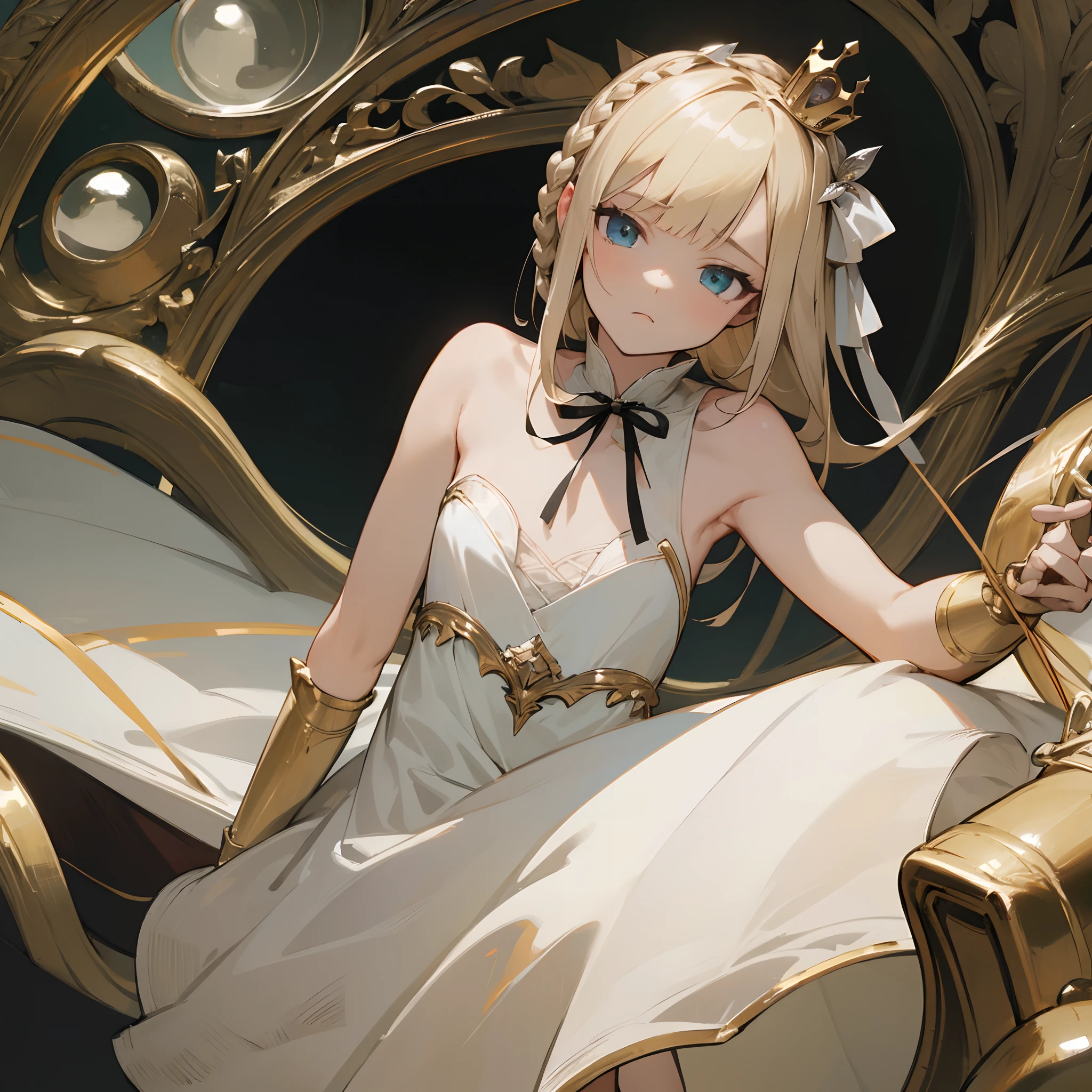 Reines, 1girl, high quality, best quality, illustration, masterpiece, (highly detailed:1.2), (extremely detailed:1.3), flat chest, sleeveless, bare shoulders, young girl, white dress, looking at viewers, short skirt, white, string ribbon, crown braid