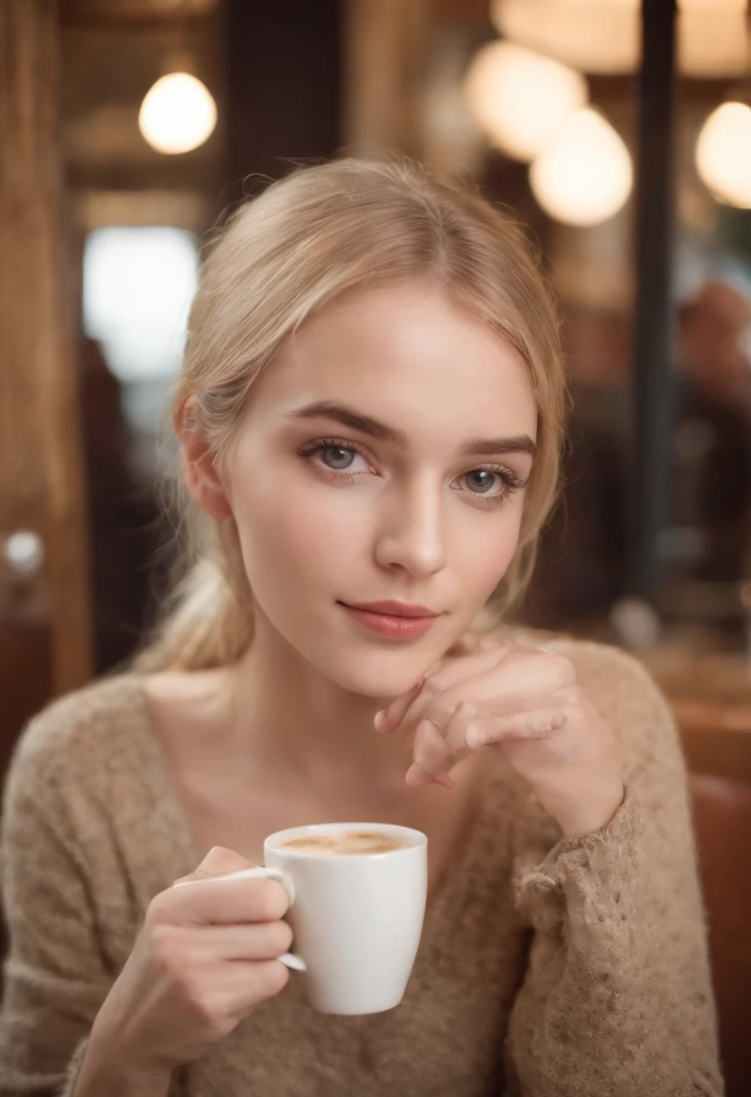 A woman sitting at a table with a cup of coffee - SeaArt AI