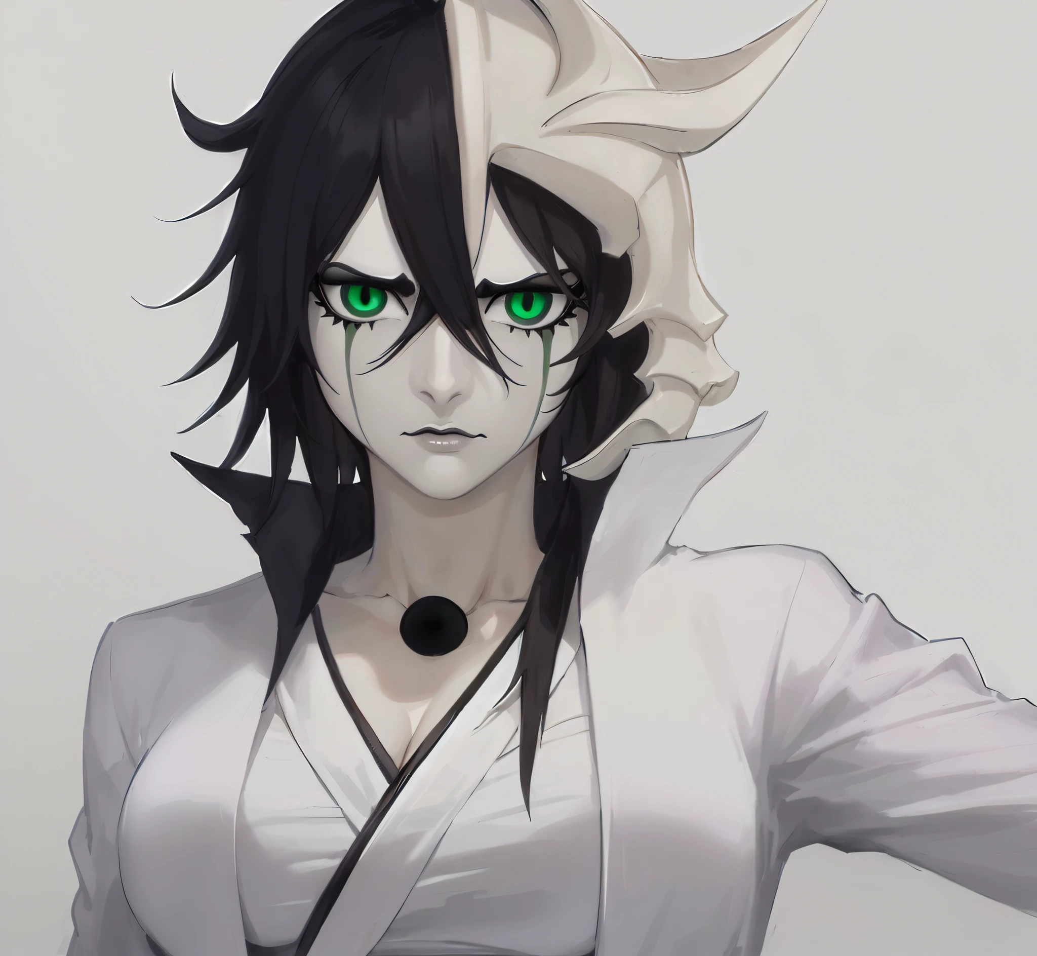 Personagem de anime com olhos verdes e cabelo preto em camisa branca -  SeaArt AI