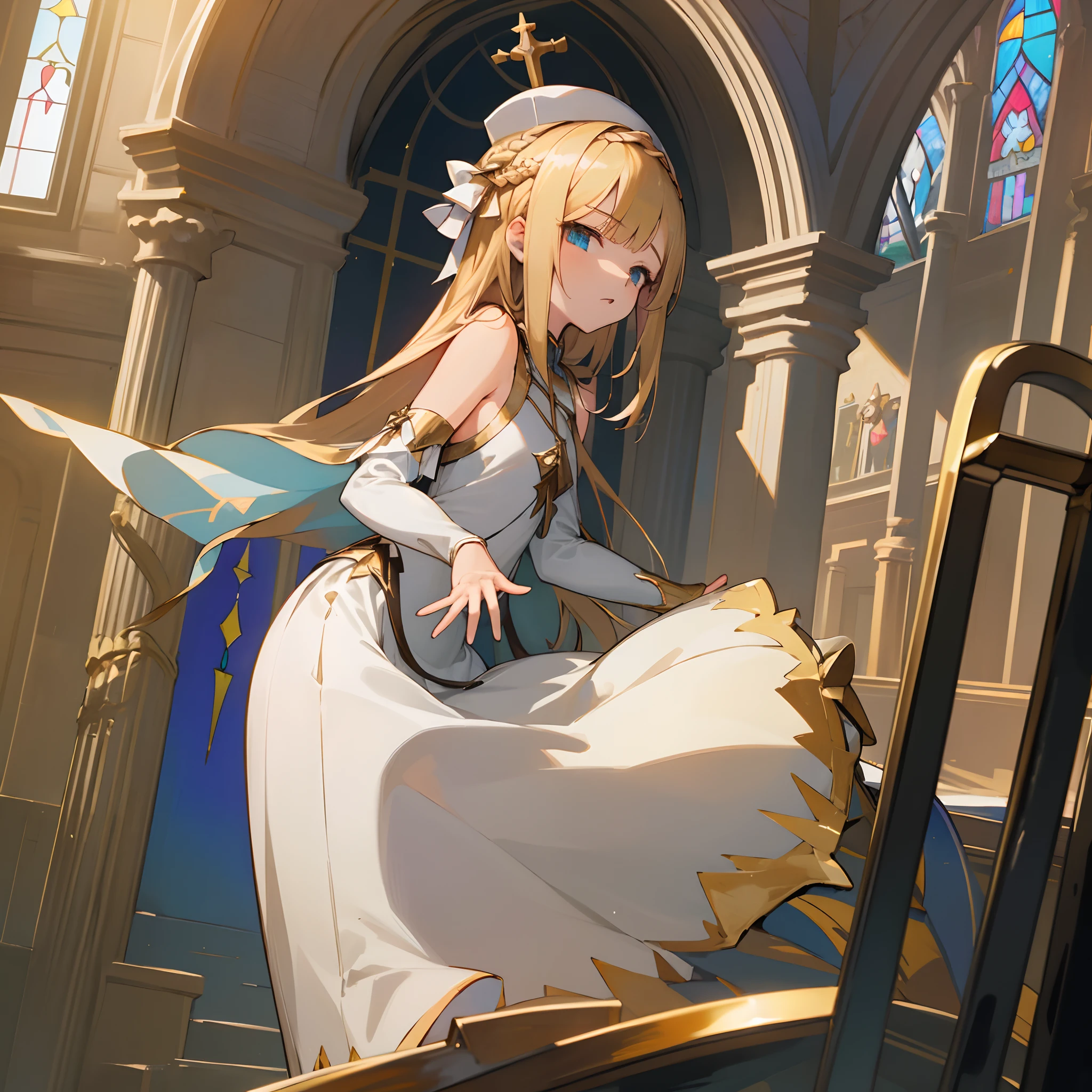 Reines, 1girl, high quality, best quality, illustration, masterpiece, (highly detailed:1.2), (extremely detailed:1.3), flat chest, bare shoulders, young girl, white dress, looking at viewers, short skirt, white, string ribbon, priestess, priestess's clothes, crown braid, petite, stained glass, church