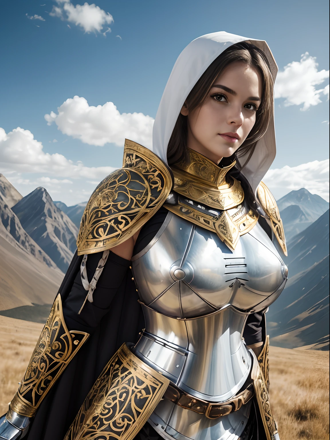 (masterpiece, top quality, best quality, official art, beautiful and aesthetic:1.2), (1girl:1.3), light freckles, fair skin, extremely detailed, portrait, looking at viewer, solo, (full body:0.6), detailed background, close up, (warm grasslands theme:1.1), holy paladin knight, charlatan, smirk, mysterious, swaying in mountains, modest attire, ((((ornate white and gold metal plate armor)))), cowl, nun hood, wimple, boob armor, cowl, robe, chain mail, chainmail, leggings, chainmail leggings, chain mail leggings, (armored breastplate), tabard, gorget, hood, pauldrons, greaves, armored, long boots, longsword, shield, cape, cloak, pearlescent metal, white fabric, pale leather, ((((gigantic breasts)))), slim waist, slim hips, long legs, medieval (mountain exterior:1.1) background, dark mysterious lighting, shadows, magical atmosphere, dutch angle,