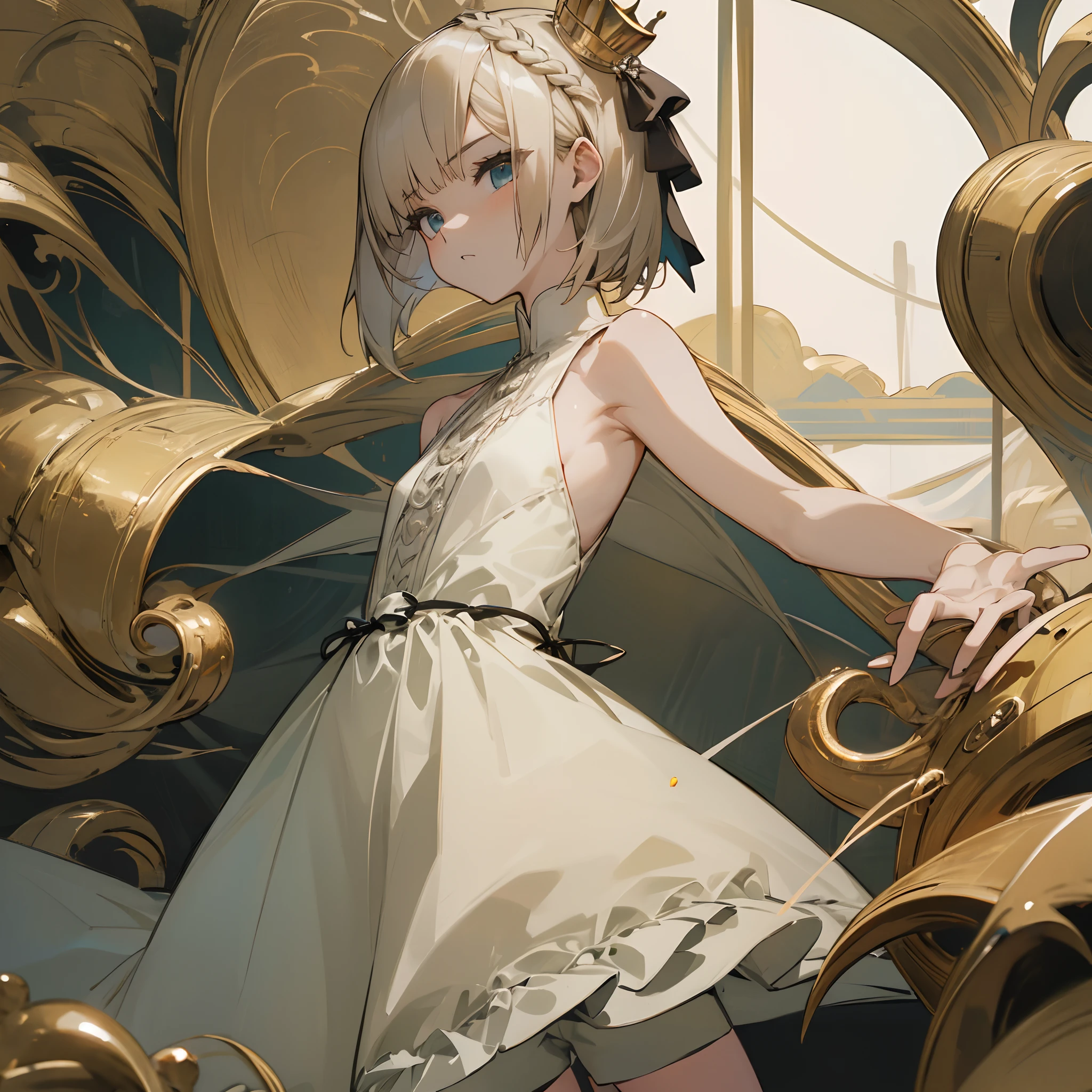 Reines, 1girl, high quality, best quality, illustration, masterpiece, (highly detailed:1.2), (extremely detailed:1.3), flat chest, sleeveless, bare shoulders, young girl, pajamas, looking at viewers, shorts, white, string ribbon, crown braid, petite, short hair