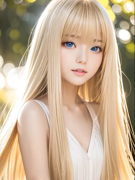 golden shiny shiny hair dazzling blonde super long silky hair、17 years old cute little beautiful face、glowing hair dancing in fr...