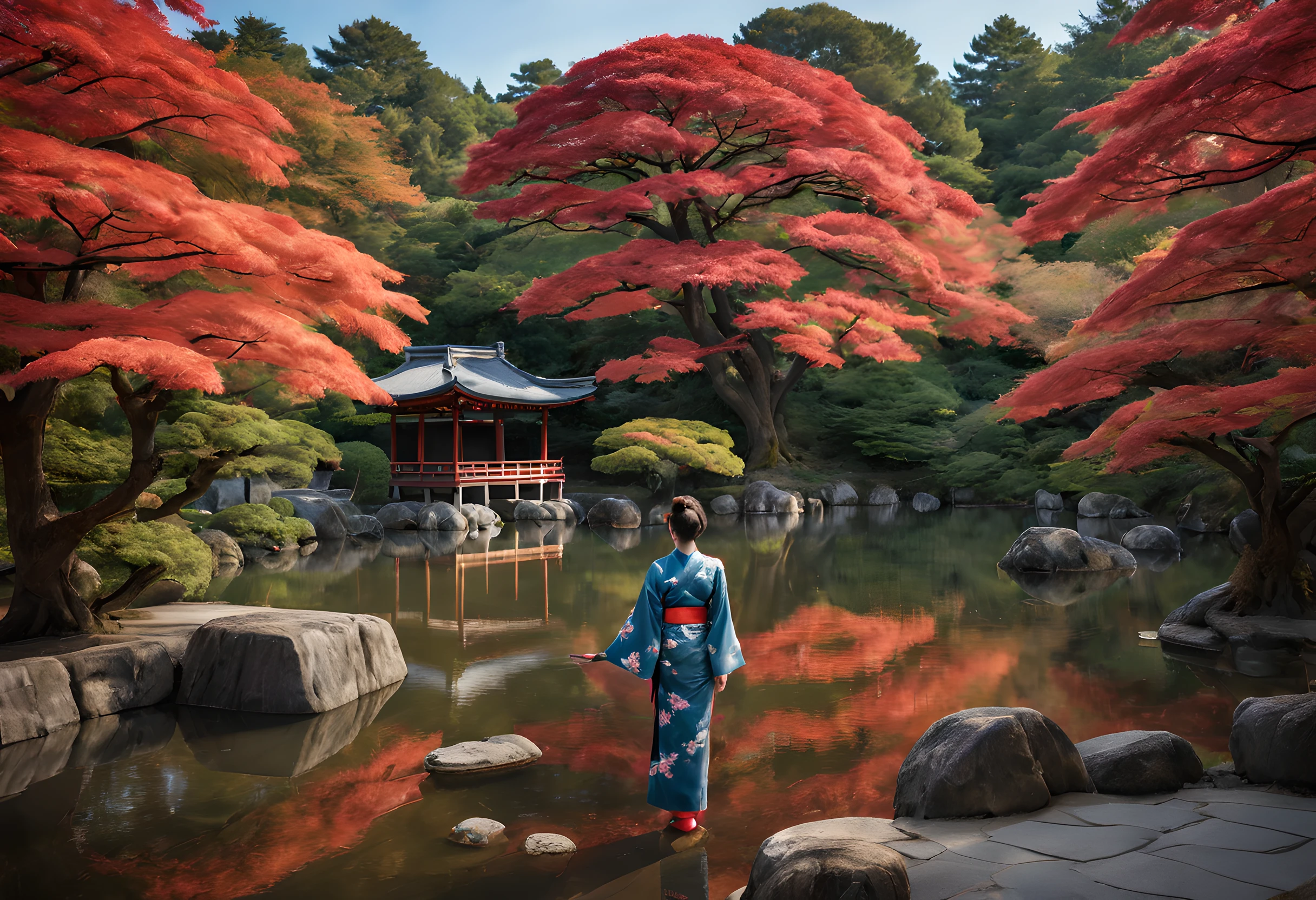 "Compose a serene and picturesque scene in the Botan Garden at Nanzen-ji Temple, Kyoto. The vivid hues of autumn maple leaves are reflected in the tranquil pond, creating a mesmerizing symphony of reds and oranges. In the foreground, a Japanese woman in her 40s, gracefully dressed in a traditional kimono, stands by the water's edge. She exudes an ethereal beauty that captures the essence of the season.

The woman gazes thoughtfully at the vibrant maple leaves, her eyes reflecting the serenity of the surroundings. Her kimono features intricate patterns that complement the autumn colors, adding to her elegance.

The garden, meticulously landscaped, provides a harmonious backdrop. Stone lanterns line the pathways, casting a soft glow as the daylight fades. Cherry blossom trees stand in quiet companionship with the maples, their branches adding delicate pink accents to the autumn palette.

The overall composition balances the woman's presence with the natural beauty of the garden. The image should evoke a sense of peace, serenity, and the timeless appreciation of nature's changing seasons. Ensure that the woman's beauty radiates through the scene, making her the focal point of this enchanting autumn tableau."