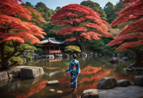 "Compose a serene and picturesque scene in the Botan Garden at Nanzen-ji Temple, Kyoto. The vivid hues of autumn maple leaves ar...