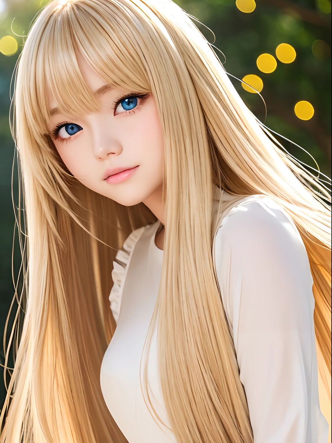 golden shiny shiny hair dazzling blonde super long silky hair、 cute little beautiful face、Glowing hair dancing in front of cute face、long silky bangs covering the eyes、bright pale blue eyes、Hair that hides the face、Sexy cute young woman with super long bangs、Pure white beautiful skin、Oily teak luster、Gloss teak