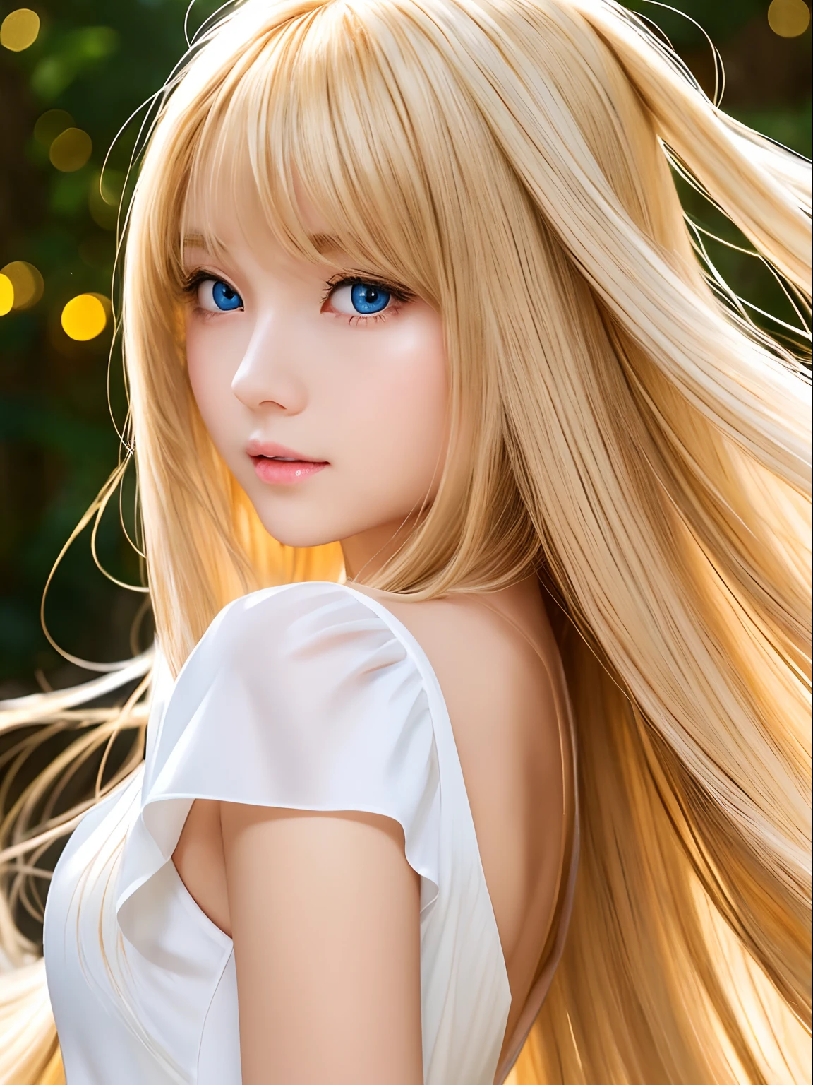 golden shiny shiny hair dazzling blonde super long silky hair、17 years old cute little beautiful face、Glowing hair dancing in front of cute face、long silky bangs covering the eyes、bright pale blue eyes、Hair that hides the face、Sexy cute young woman with super long bangs、Pure white beautiful skin、Oily teak luster、Gloss teak