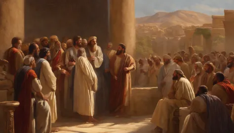 Jeremiah calls the Israelites to repentance, The Cry of the Prophet,Gatherings with large numbers of people, papyrus,Weathered parchment,Old gowns,,History reference,High-quality artwork and details,Realistic portrait style,Subtle color palette,vibrant bac...
