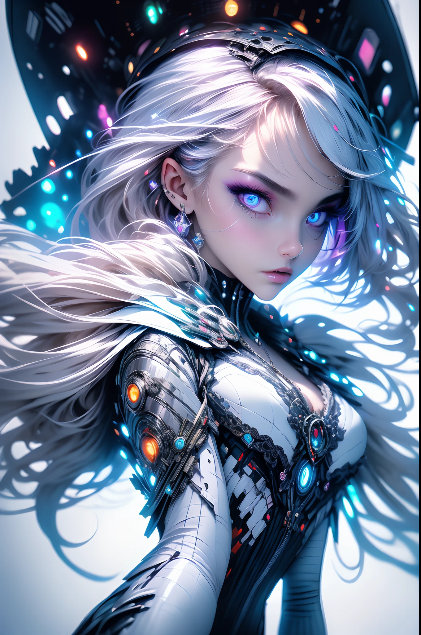 top-quality、​masterpiece、超A high resolution、(Photorealsitic:1.4)、Raw photo、Battle Cyborg Angel、large wings made of metal、White porcelain body、Acrylic Clear Cover、white hair、glowy skin、1 Cyborg Girl、((super realistic details))、portlate、globalillumination、Shadow、octan render、8K、ultrasharp、character edge light,Colossal tits、Raw skin is exposed in cleavage、Details of complex ornaments、More about Rome、Hydraulic cylinder、Small LED lamp、highly intricate detail、Realistic light、a purple eye、radiant eyes、Facing the camera、neon details、cowboy shot、Futuristic headgear、About Cyberpunk