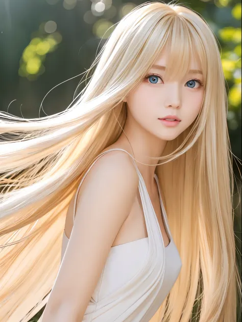 golden shiny shiny hair dazzling blonde super long silky hair、17 years old cute little beautiful face、Glowing hair dancing in fr...