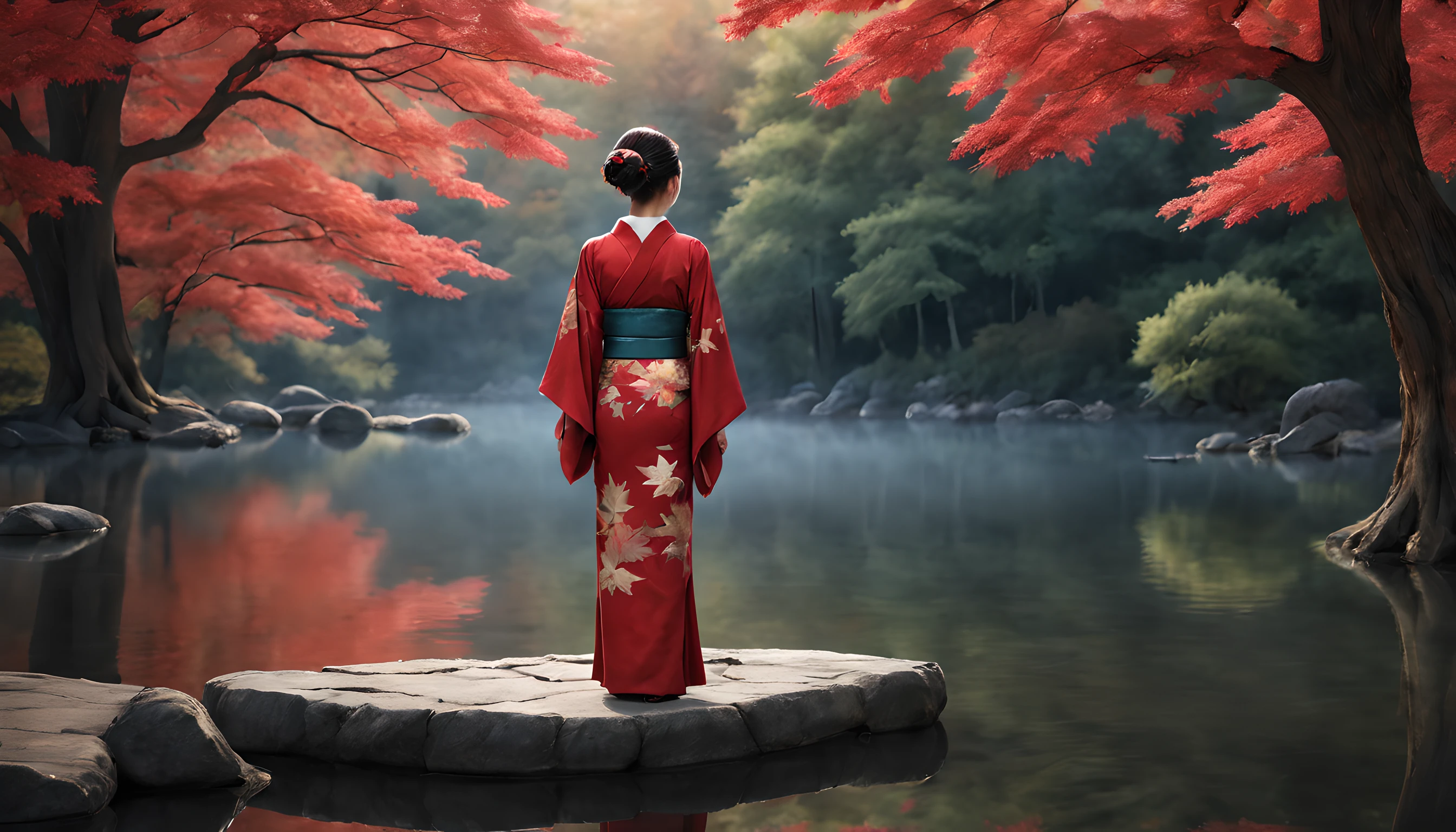 "Compose a captivating nocturnal scene featuring a tranquil pond enveloped by the fiery hues of maple leaf autumn foliage. The composition should emphasize the prominence of the maple leaves and the majestic maple tree that stands nearby.

In the foreground, a Japanese woman in her 40s stands gracefully, draped in a vibrant red kimono. The kimono accentuates her elegance, and her beauty radiates beneath the moonlight. She is a vision of timeless allure, capturing the essence of the season.

The woman gazes upon the shimmering pond, where the reflection of the maple leaves dances upon the water's surface. Her expression is one of serene contemplation, as she immerses herself in the tranquil beauty of the night.

The background showcases the magnificent maple tree, its branches adorned with resplendent leaves that seem to catch the moonlight. The pond reflects the ethereal scene, adding to the enchantment of the moment.

The overall composition should create a sense of serenity and reverence for nature's beauty. Ensure that the woman's captivating beauty and the brilliance of the maple leaves take center stage in this mesmerizing autumn tableau."