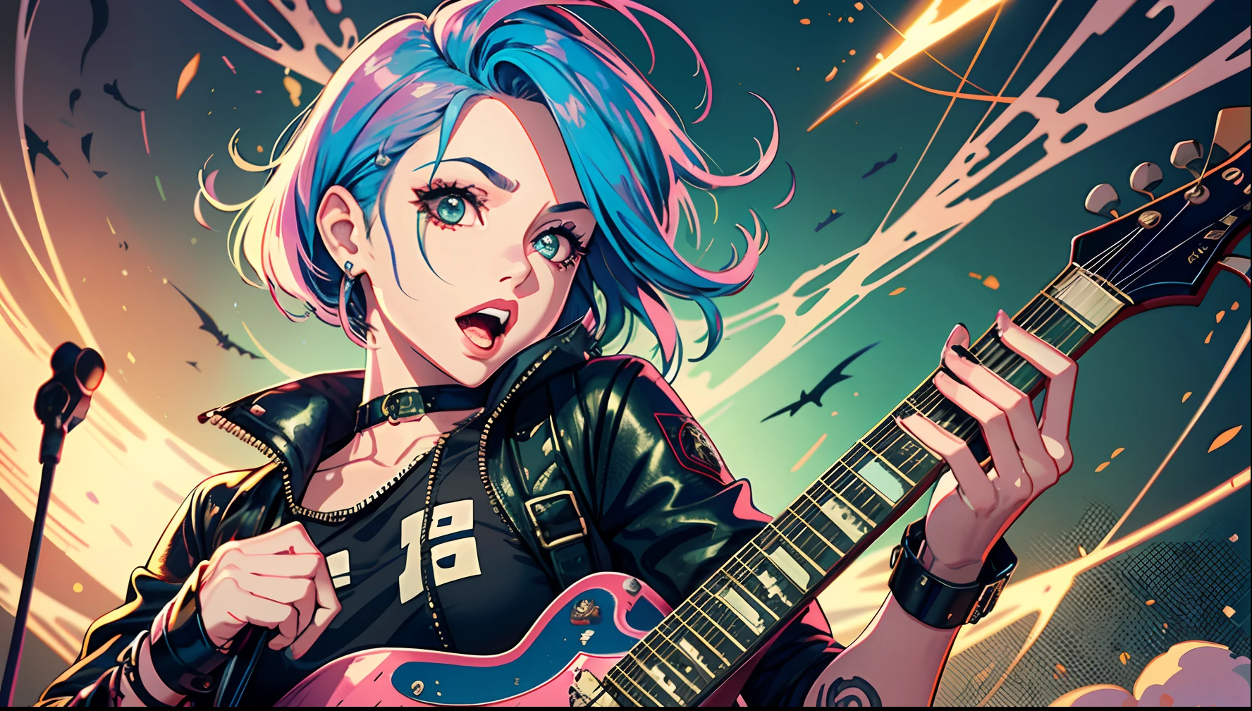 A rocker girl in a thong,portraite,illustration,full body shot shot,Electric guitar,Avant-garde clothing,dark lipstick,spiky hair,muscular legs,confident expression,punk style,striking pose,dynamic  lighting,swirly vibrant colors