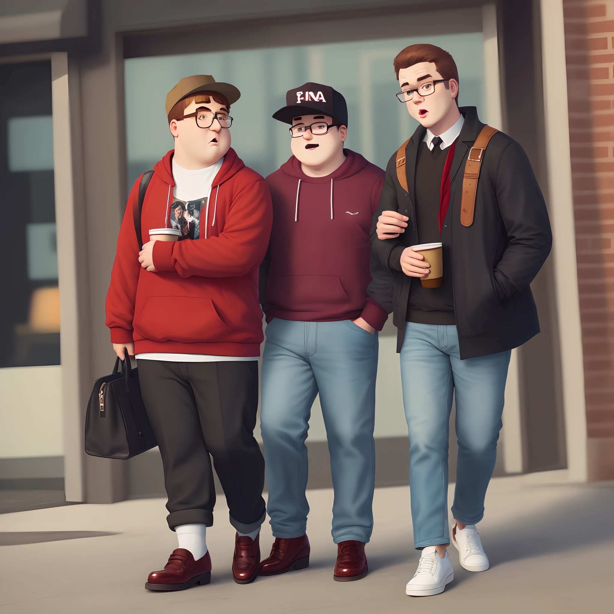 Three men standing next to each other with coffee in their hands - SeaArt AI