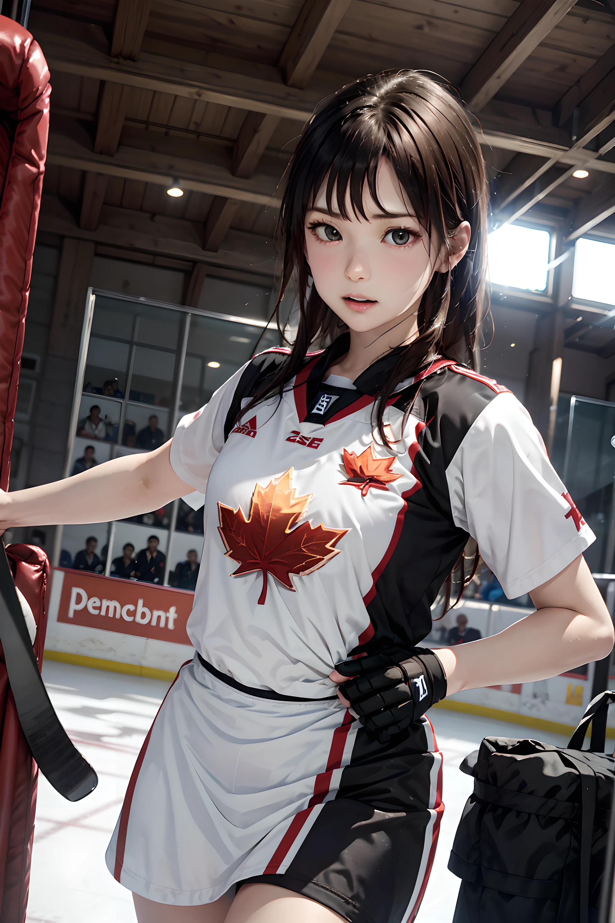 Canadian ice hockey playeraple mark in the center of the uniform、White uniform with red maple mark、Ice Hockey Games、Assault scene、Denamic Pose, Dynamic Angle, 1man, Solo,
