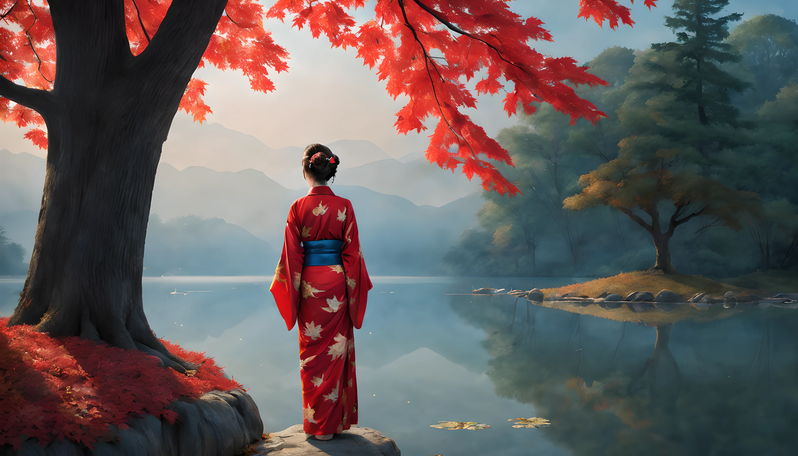 "Componga una cautivadora escena nocturna con un tranquilo estanque envuelto por los intensos tonos del follaje otoñal de las hojas de arce.. La composición debe enfatizar la prominencia de las hojas de arce y el majestuoso arce que se encuentra cerca..

en primer plano, una mujer japonesa de unos 40 años se alza con gracia, envuelto en un kimono rojo vibrante. El kimono acentúa su elegancia., y su belleza irradia bajo la luz de la luna. Ella es una visión de encanto eterno., capturando la esencia de la temporada.

La mujer contempla el estanque resplandeciente., donde el reflejo de las hojas de arce baila sobre la superficie del agua. Su expresión es de serena contemplación., mientras se sumerge en la tranquila belleza de la noche.

El fondo muestra el magnífico arce., sus ramas adornadas con hojas resplandecientes que parecen captar la luz de la luna. El estanque refleja la escena etérea., añadiendo al encanto del momento.

La composición general debe crear una sensación de serenidad y reverencia por la belleza de la naturaleza.. Asegúrese de que la cautivadora belleza de la mujer y el brillo de las hojas de arce ocupen un lugar central en este fascinante cuadro otoñal.."