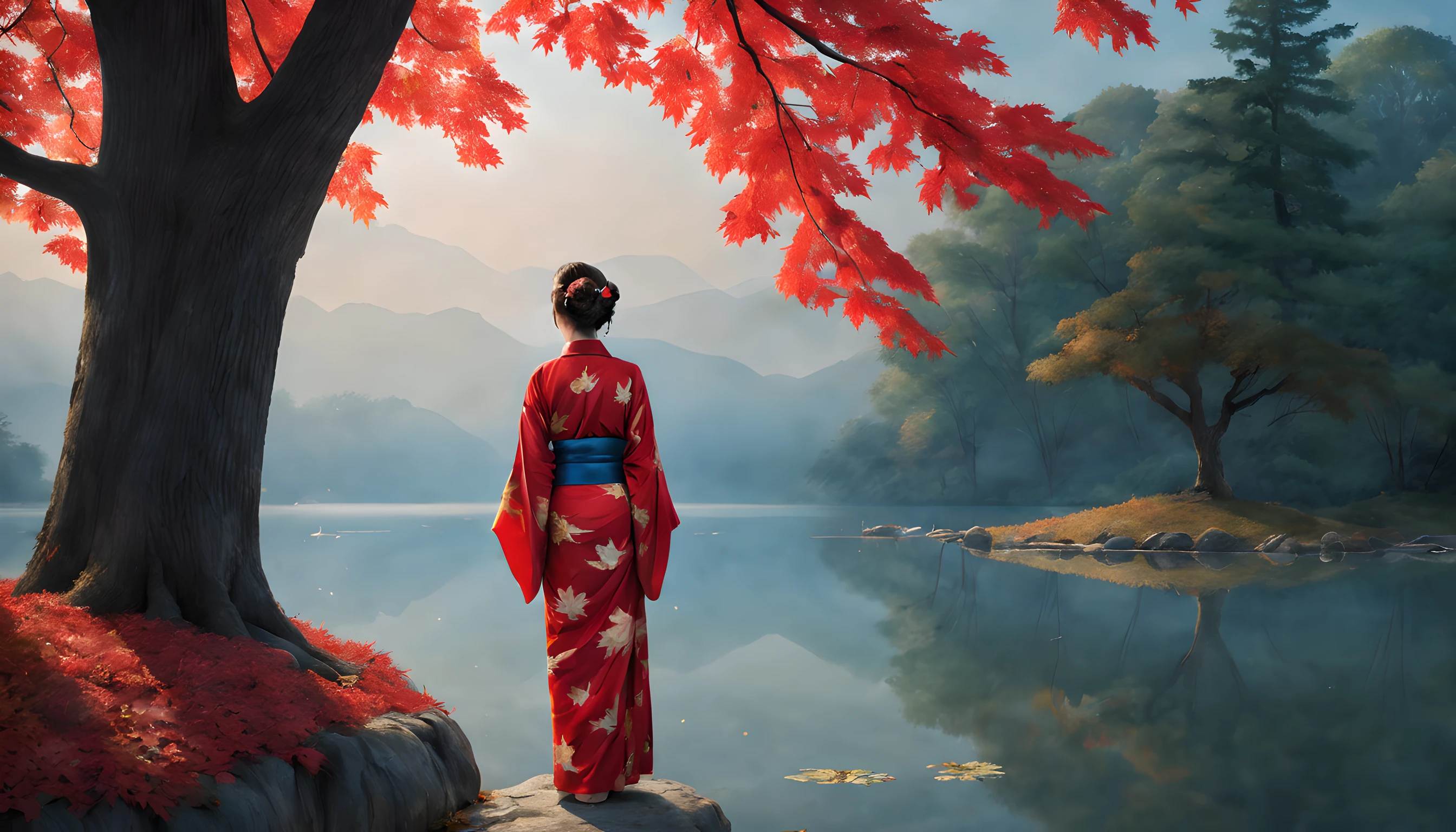 "Compose a captivating nocturnal scene featuring a tranquil pond enveloped by the fiery hues of maple leaf autumn foliage. The composition should emphasize the prominence of the maple leaves and the majestic maple tree that stands nearby.

In the foreground, a Japanese woman in her 40s stands gracefully, draped in a vibrant red kimono. The kimono accentuates her elegance, and her beauty radiates beneath the moonlight. She is a vision of timeless allure, capturing the essence of the season.

The woman gazes upon the shimmering pond, where the reflection of the maple leaves dances upon the water's surface. Her expression is one of serene contemplation, as she immerses herself in the tranquil beauty of the night.

The background showcases the magnificent maple tree, its branches adorned with resplendent leaves that seem to catch the moonlight. The pond reflects the ethereal scene, adding to the enchantment of the moment.

The overall composition should create a sense of serenity and reverence for nature's beauty. Ensure that the woman's captivating beauty and the brilliance of the maple leaves take center stage in this mesmerizing autumn tableau."