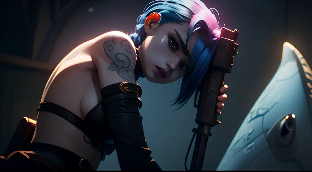 Jinx's character design, Holding a grenade launcher in the shape of a shark, crying, Hot Pink Tears, shoots, Screams, Explosions in the background, half naked, beautiful breasts, Sexy, Arcane's Jinx, sexypose, waves his hand, Pink glowing eyes, hairlong, h...