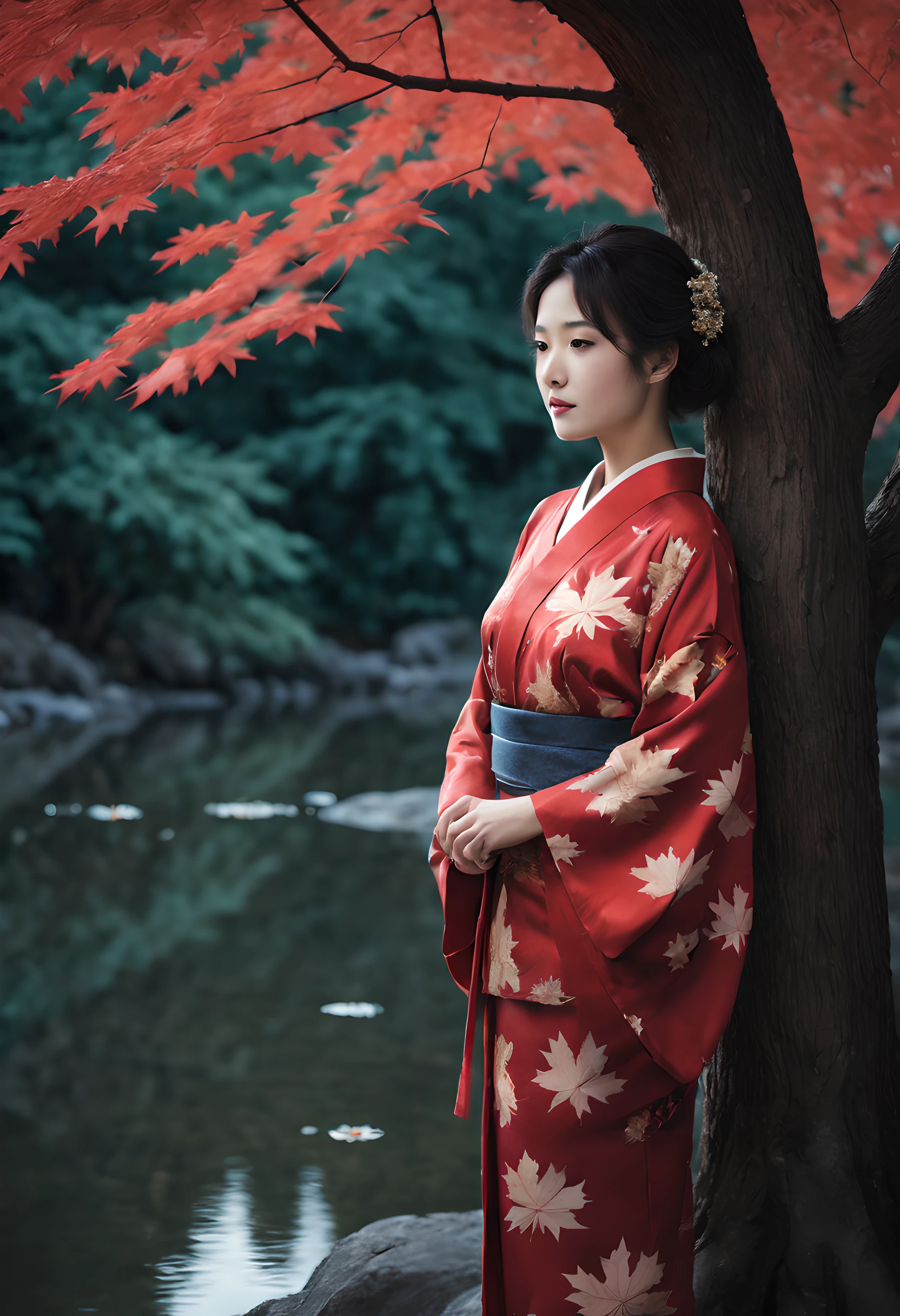 "Compose a captivating nocturnal scene featuring a tranquil pond enveloped by the fiery hues of maple leaf autumn foliage. The composition should emphasize the prominence of the maple leaves and the majestic maple tree that stands nearby.

In the foreground, a Japanese woman in her 40s stands gracefully, draped in a vibrant red kimono. The kimono accentuates her elegance, and her beauty radiates beneath the moonlight. She is a vision of timeless allure, capturing the essence of the season.

The woman gazes upon the shimmering pond, where the reflection of the maple leaves dances upon the water's surface. Her expression is one of serene contemplation, as she immerses herself in the tranquil beauty of the night.

The background showcases the magnificent maple tree, its branches adorned with resplendent leaves that seem to catch the moonlight. The pond reflects the ethereal scene, adding to the enchantment of the moment.

The overall composition should create a sense of serenity and reverence for nature's beauty. Ensure that the woman's captivating beauty and the brilliance of the maple leaves take center stage in this mesmerizing autumn tableau."