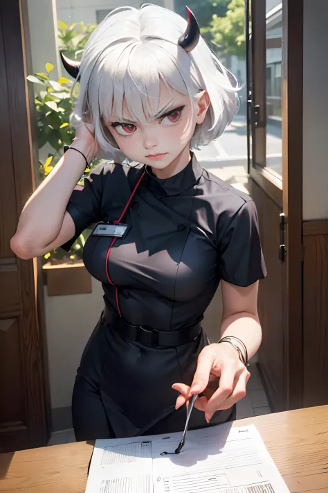 a nurse's suit and she is angry that hand has them extended to the camera the eyes and the face comes out well formed the hands and fingers Also well formed has horns her eyes are red