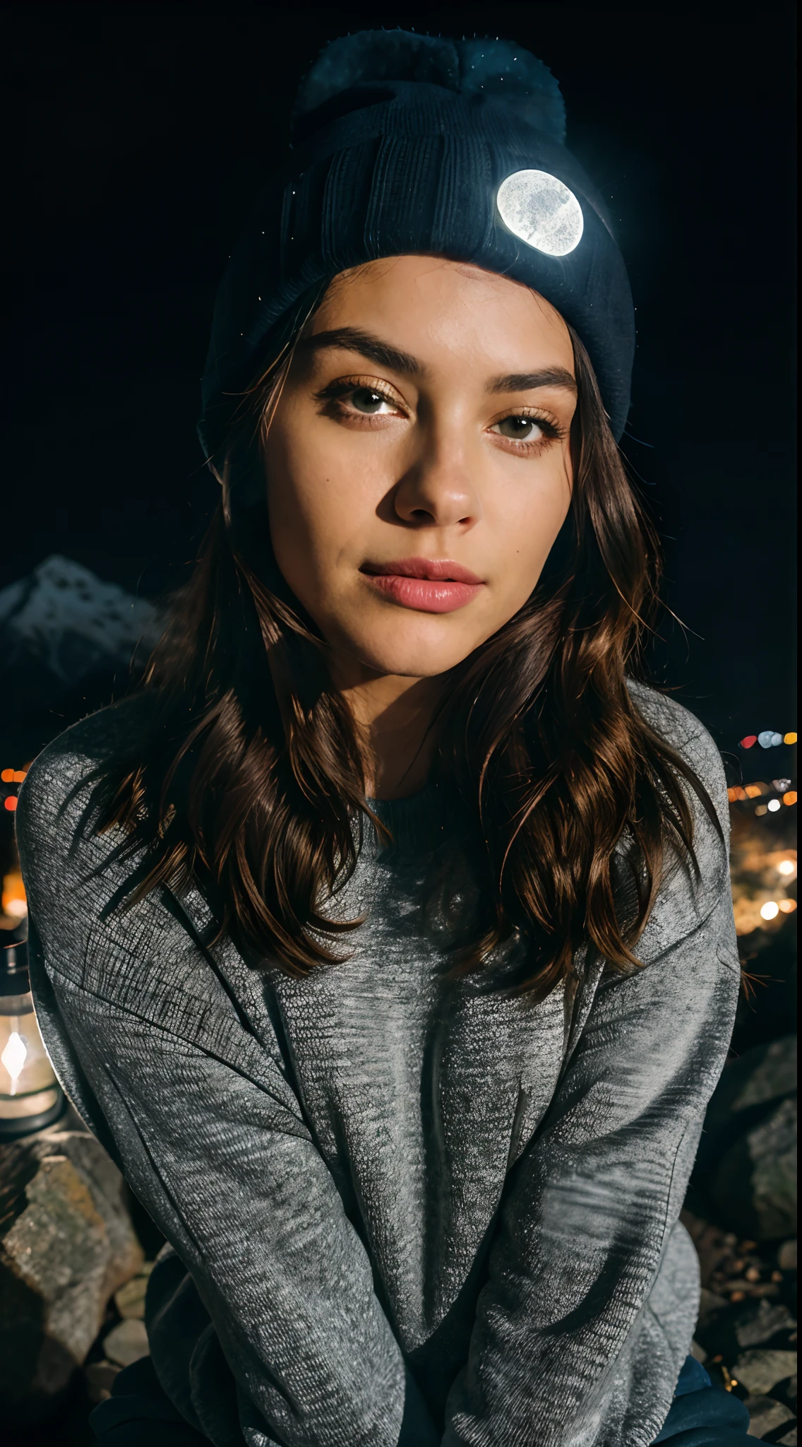 photorealistic, best quality, hyper detailed, beautiful woman, selfie photo, upper body, solo, wearing pullover, 3 different style and cloths ,outdoors, (night), mountains, real life nature, stars, moon, (cheerful, happy), sleeping bag, gloves, sweater, beanie, flashlight, forest, rocks, river, wood, smoke, fog, clear sky, analog style, looking at viewer, skin texture, film grain, close up, ultra high res, best shadow, RAW, instagram LUT