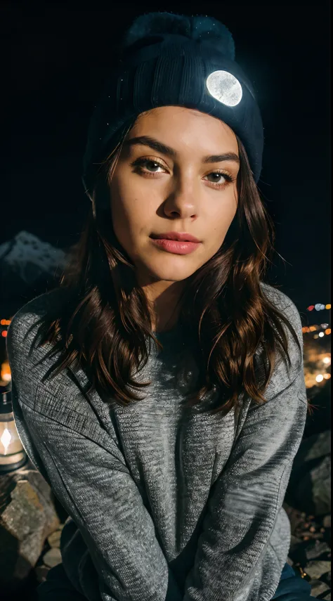 photorealistic, best quality, hyper detailed, beautiful woman, selfie photo, upper body, solo, wearing pullover, 3 different style and cloths ,outdoors, (night), mountains, real life nature, stars, moon, (cheerful, happy), sleeping bag, gloves, sweater, be...