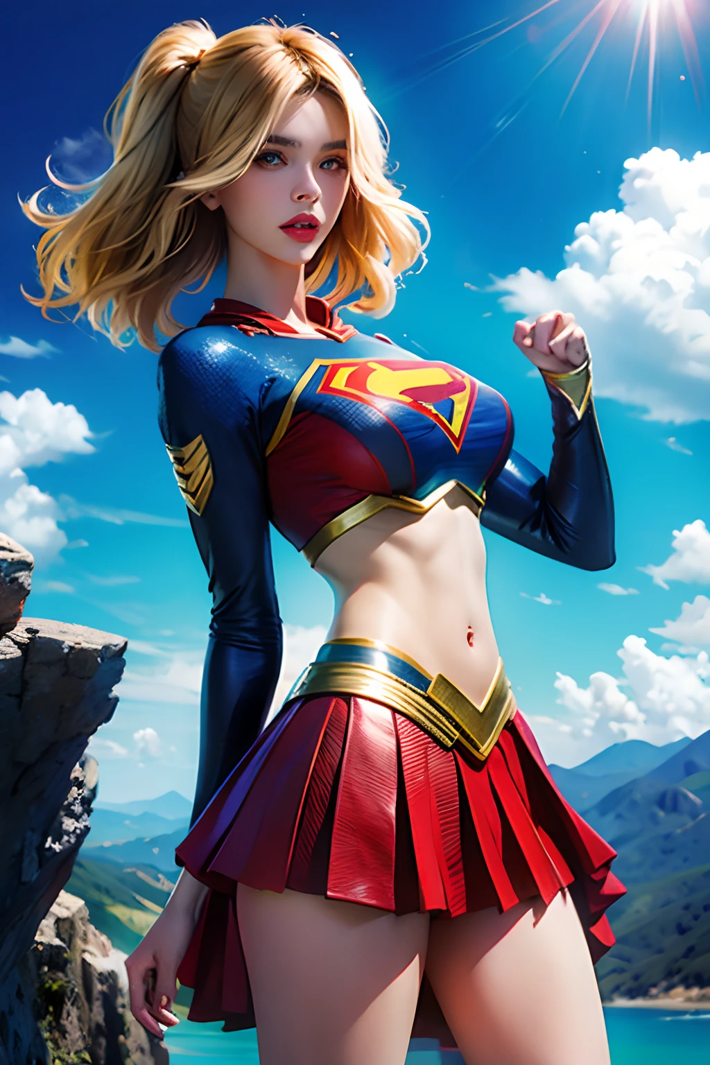 Kiernan shipka, cabelos loiros, supergirl sexy voando pelo ar com uma capa vermelha, crop top azul de latex com S de superman no peito, saia curta azul, Supergirl, loira, olhos azuis, red-lips, saia curta, saia plissada curta, pernas bonitas, pernas a mostra, Supergirl exibindo as pernas em saia curta, abdome exposto, umbigo exposto, estilo frank Cho, Estilo de Arte Supergirl, nuvens brancas, Cêu Azul, Blue sky with white clouds, dia ensolarado, dia de sol, leg show, pernas nuas expostas, bunda exposta, totalmente perfeito