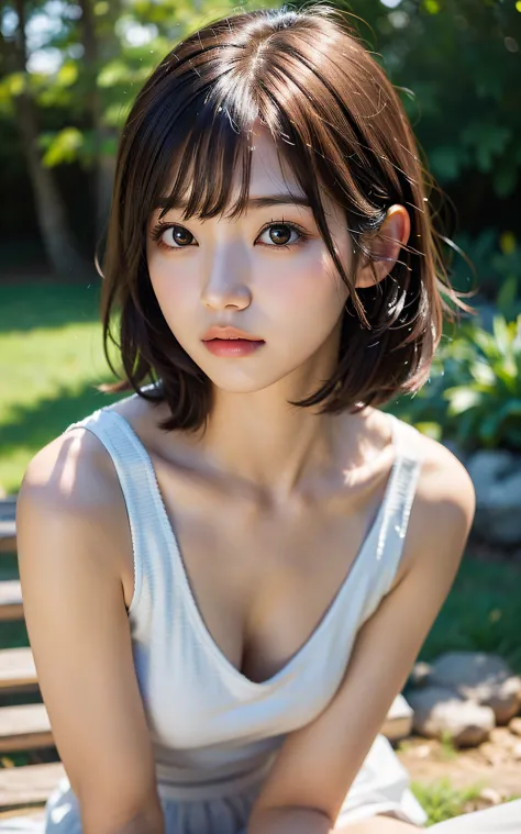 (masutepiece:1.3), (8K, Photorealistic, Raw photography, Best Quality: 1.4), Soft light, Professional Lighting, 1girl in,  16 years old, Cute, Neat and clean beauty, sad, Brown Short Hair, Bangs, Outdoors