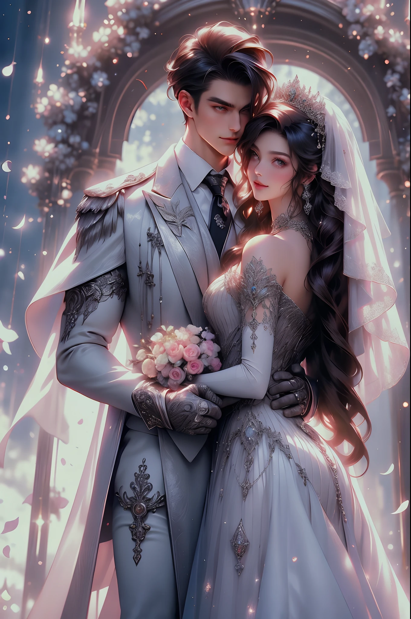 1girl, 1boy, dress, brown hair, wedding dress, jacket, hetero, necktie, couple, smile, strapless dress, closed eyes, pants, strapless, veil, flower, long hair, holding, jewelry, gloves, shirt, necklace, bouquet, white pants, holding bouquet, white dress, blue eyes, white shirt, open jacket, holding hands, elbow gloves, white gloves, white jacket, pink necktie, bridal veil, white background, wedding, husband and wife, long sleeves, long dress, pink flower, floating hair, short hair, standing, open clothes, collarbone, sleeveless