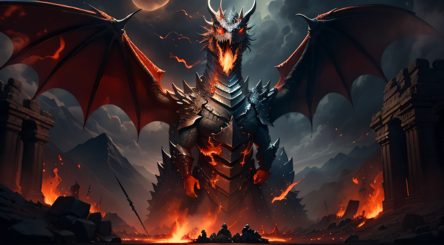 The armored knight of ancient Britain confronts a giant red dragon, smaug, smoke and fire, under the mountain, Sword and shield, Sun and Moon coats of arms, Darkness and foreboding, The knight bathed in light, fire breathing, Masterpiece, 8K, hyper HD, Cinematic,