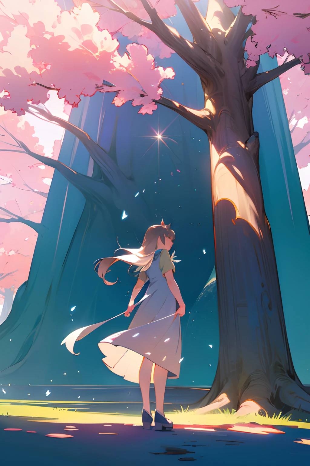 one-girl，standing under a tree，Look up at the big tree，Back Shadow，Wearing a long skirt，flowy，dream magical，