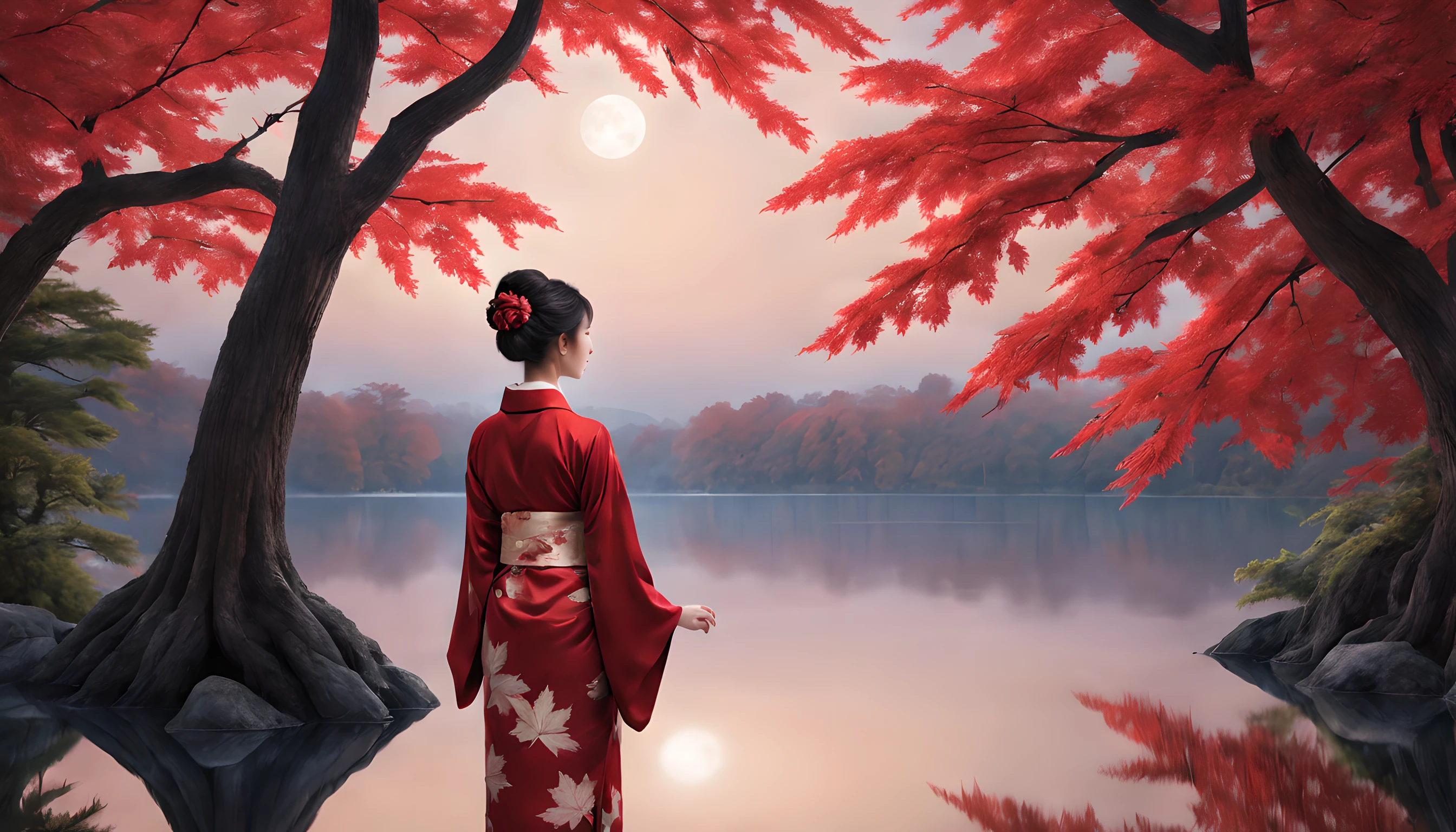 "Compose a captivating nocturnal scene featuring a tranquil pond enveloped by the fiery hues of maple leaf autumn foliage. The composition should emphasize the prominence of the maple leaves and the majestic maple tree that stands nearby.

In the foreground, a Japanese woman in her 40s stands gracefully, draped in a vibrant red kimono. The kimono accentuates her elegance, and her beauty radiates beneath the moonlight. She is a vision of timeless allure, capturing the essence of the season.

The woman gazes upon the shimmering pond, where the reflection of the maple leaves dances upon the water's surface. Her expression is one of serene contemplation, as she immerses herself in the tranquil beauty of the night.

The background showcases the magnificent maple tree, its branches adorned with resplendent leaves that seem to catch the moonlight. The pond reflects the ethereal scene, adding to the enchantment of the moment.

The overall composition should create a sense of serenity and reverence for nature's beauty. Ensure that the woman's captivating beauty and the brilliance of the maple leaves take center stage in this mesmerizing autumn tableau."
