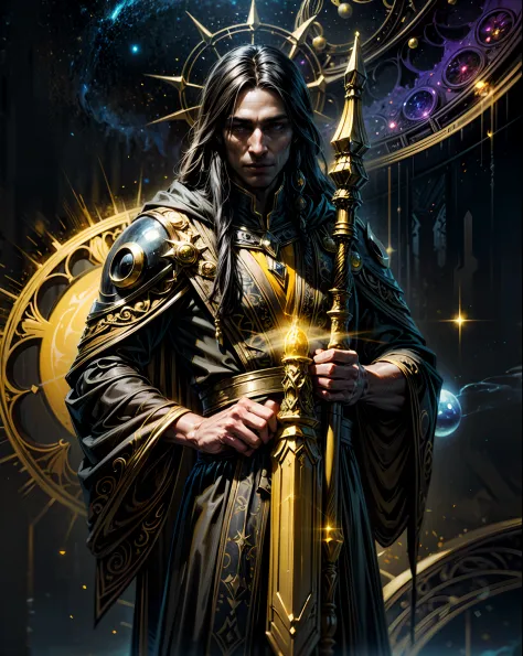 a man, mage, yellow long hair, dark fantasy, detailed yellow and black cosmic robe, cosmic staff