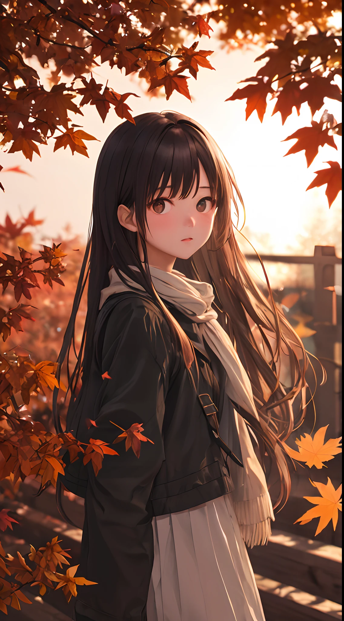 autumn night，Branches in the sun，Hang sunlight on the leaves，Photorealsitic，natural soft light，Hyper-detailing，A girl is looking at a leaf