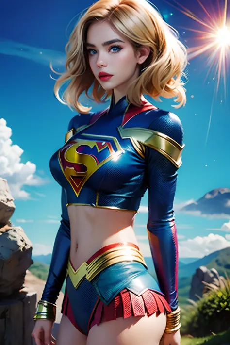 Kiernan shipka, cabelos loiros, supergirl sexy voando pelo ar com uma capa vermelha, crop top azul de latex com S de superman no...