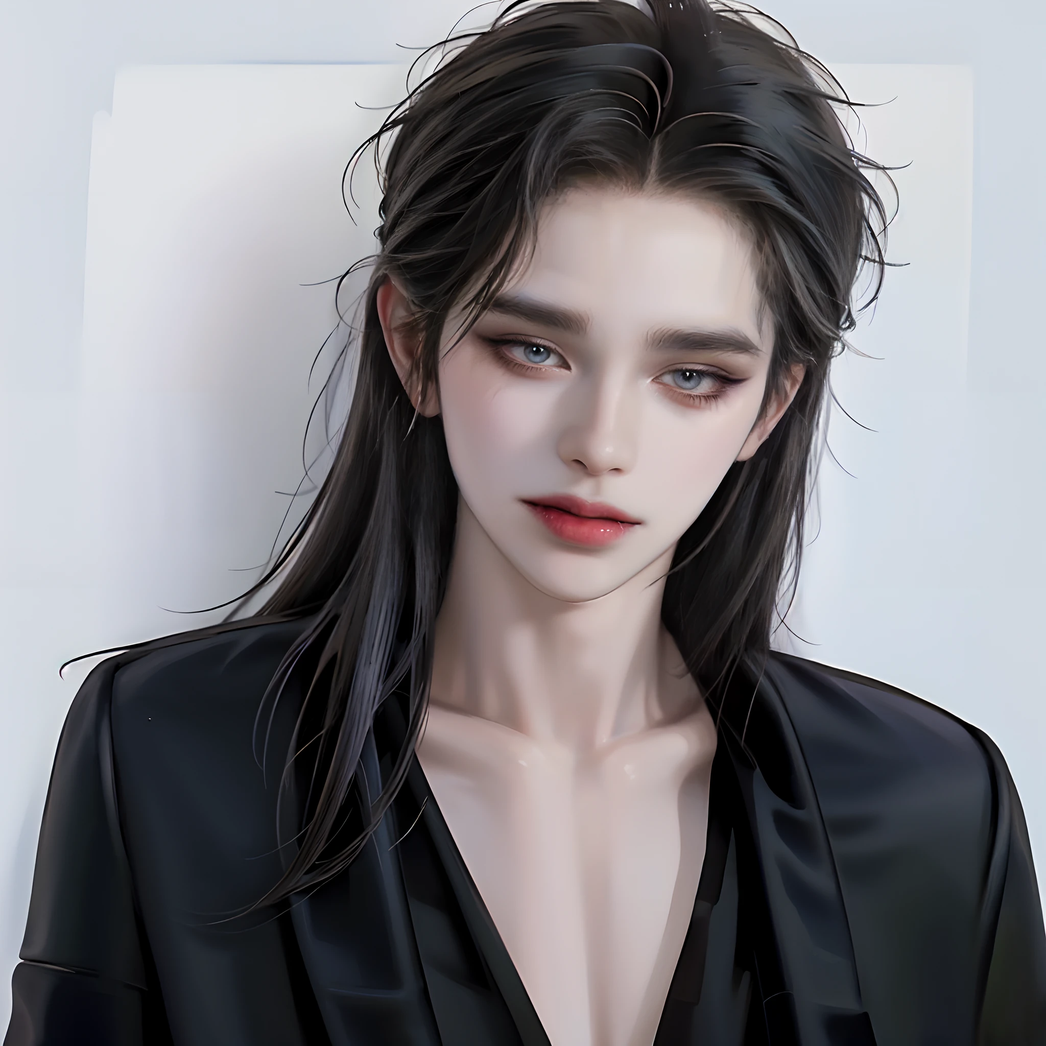 ((4K works))、​masterpiece、（top-quality)、((high-level image quality))、((one beautiful women))、Slim body、((Black Y Shirt Fashion))、(Detailed beautiful eyes)、Crow on black horror background、((Face similar to Chaewon in Ruseraphim))、((shoulder-length hair))、((bright silver hair))、((Smaller face))、((Neutral face))、((Light blue eyes))、((Korean Women))、((18year old))、((Wild Lady))、((A smiling face showing sharp fangs))、((Korean makeup with black eyeshadow))、((elongated and sharp eyes))、((Shot alone))、((vampire))、((Vampire Woman))、Vampire Photos、Villain、((amazing photo))、Horror Pictures、((There is a crow on the right shoulder))、Dark Proof、((Shot diagonally from the side))、((Icon Photo))