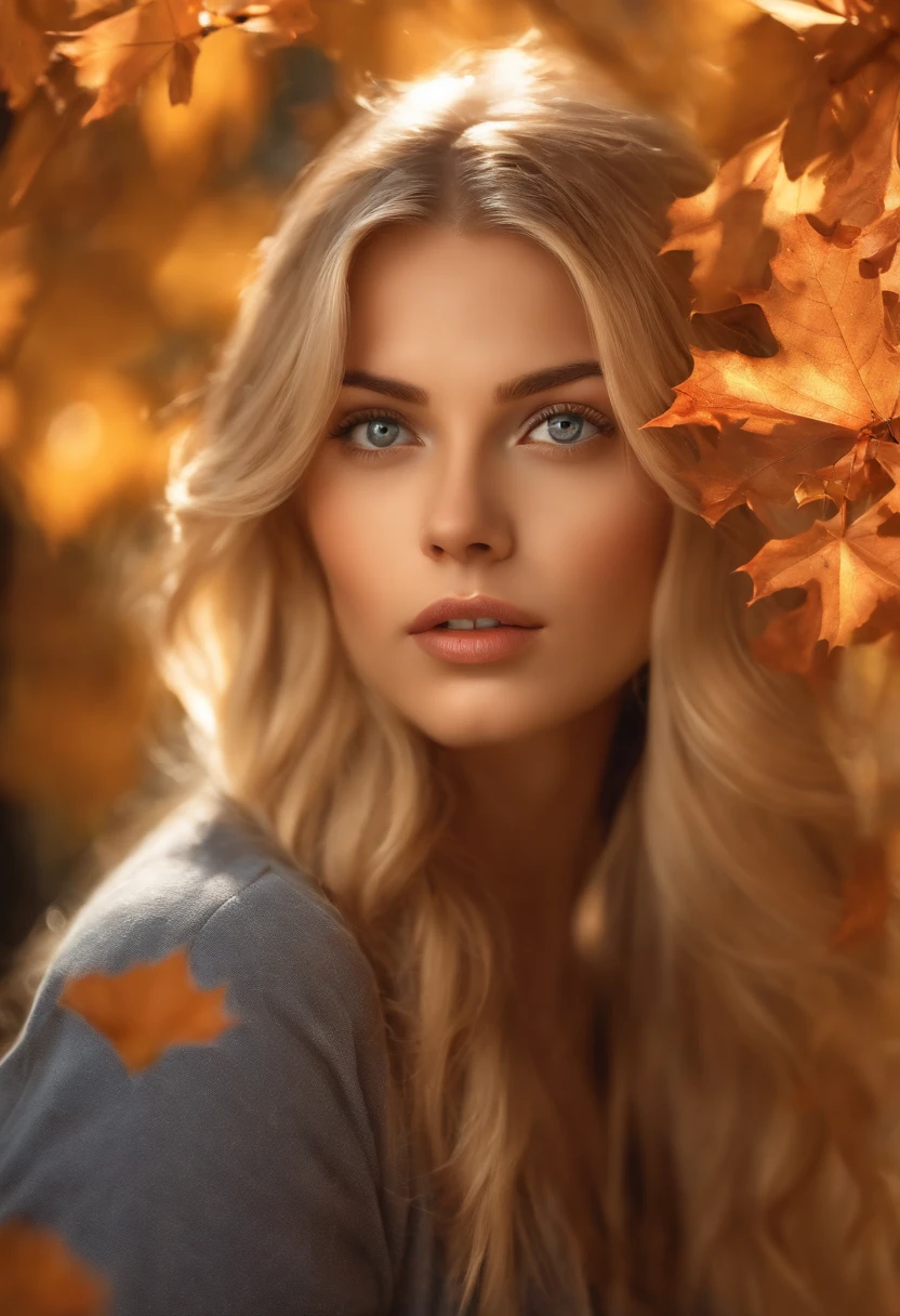 Girl close-up portrait, teasing dynamic poses, detailed eyes, detailed face, blond hair, focused on the face and blurred the falling maple leaves on girl's face, ver extremely detailed, ultra high high detailed portrait, 24K UHD graphics resolution, best quality, masterpiece, award winning artwork