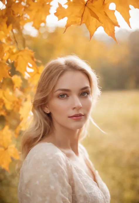 Girl close-up portrait, teasing dynamic poses, detailed eyes, detailed face, blond hair, focused on the face and blurred the falling maple leaves on girl's face, ver extremely detailed, ultra high high detailed portrait, 24K UHD graphics resolution, best q...