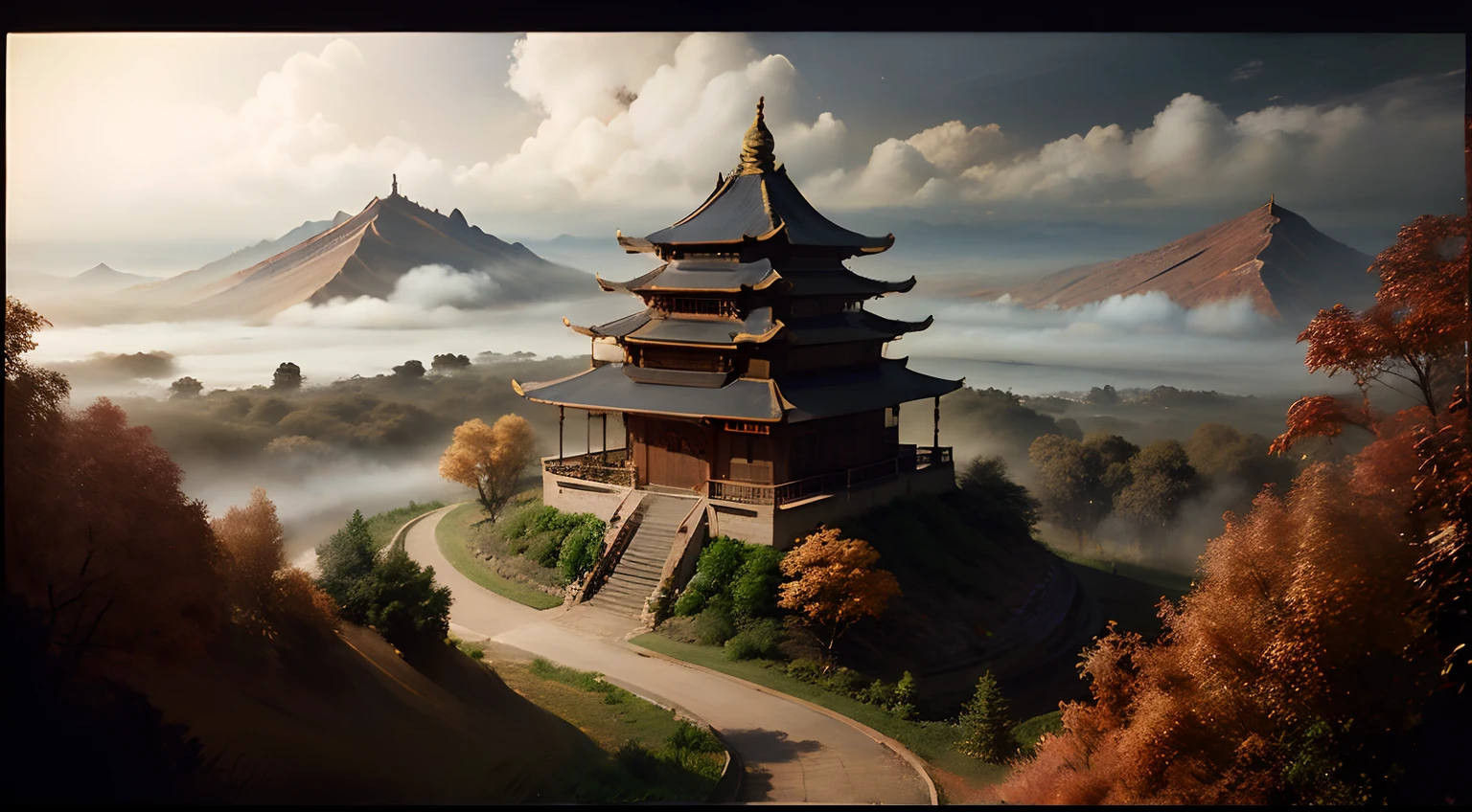 Un país de las maravillas del estilo chino, Un melocotonero escondido en el bosque, La vista de la arquitectura china está envuelta en niebla