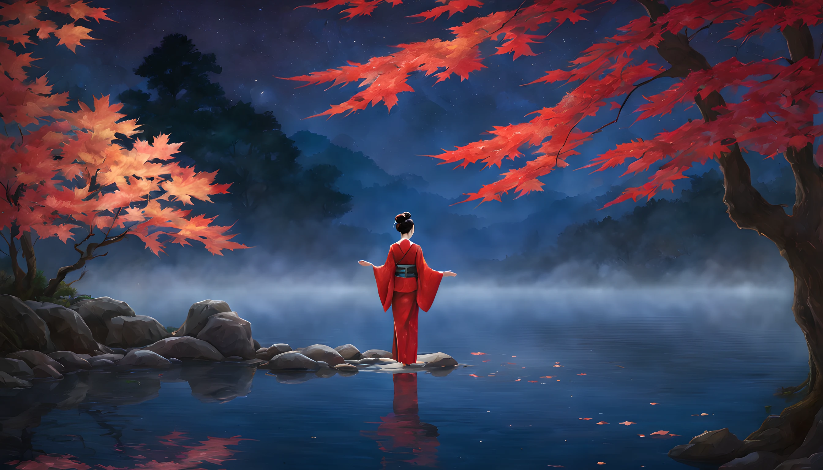 "Compose a captivating nocturnal scene featuring a tranquil pond enveloped by the fiery hues of maple leaf autumn foliage. The composition should emphasize the prominence of the maple leaves and the majestic maple tree that stands nearby. In the foreground, a Japanese woman in her 40s stands gracefully, draped in a vibrant red kimono. The kimono accentuates her elegance, and her beauty radiates beneath the moonlight. She is a vision of timeless allure, capturing the essence of the season. The woman gazes upon the shimmering pond, where the reflection of the maple leaves dances upon the water's surface. Her expression is one of serene contemplation, as she immerses herself in the tranquil beauty of the night. The background showcases the magnificent maple tree, its branches adorned with resplendent leaves that seem to catch the moonlight. The pond reflects the ethereal scene, adding to the enchantment of the moment. The overall composition should create a sense of serenity and reverence for nature's beauty. Ensure that the woman's captivating beauty and the brilliance of the maple leaves take center stage in this mesmerizing autumn tableau."
