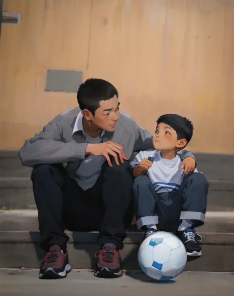 On the steps sat a man and a boy，Chinese face，Holding a pair of sneakers in his hand, With a child,  Photo portrait，Oil painting...