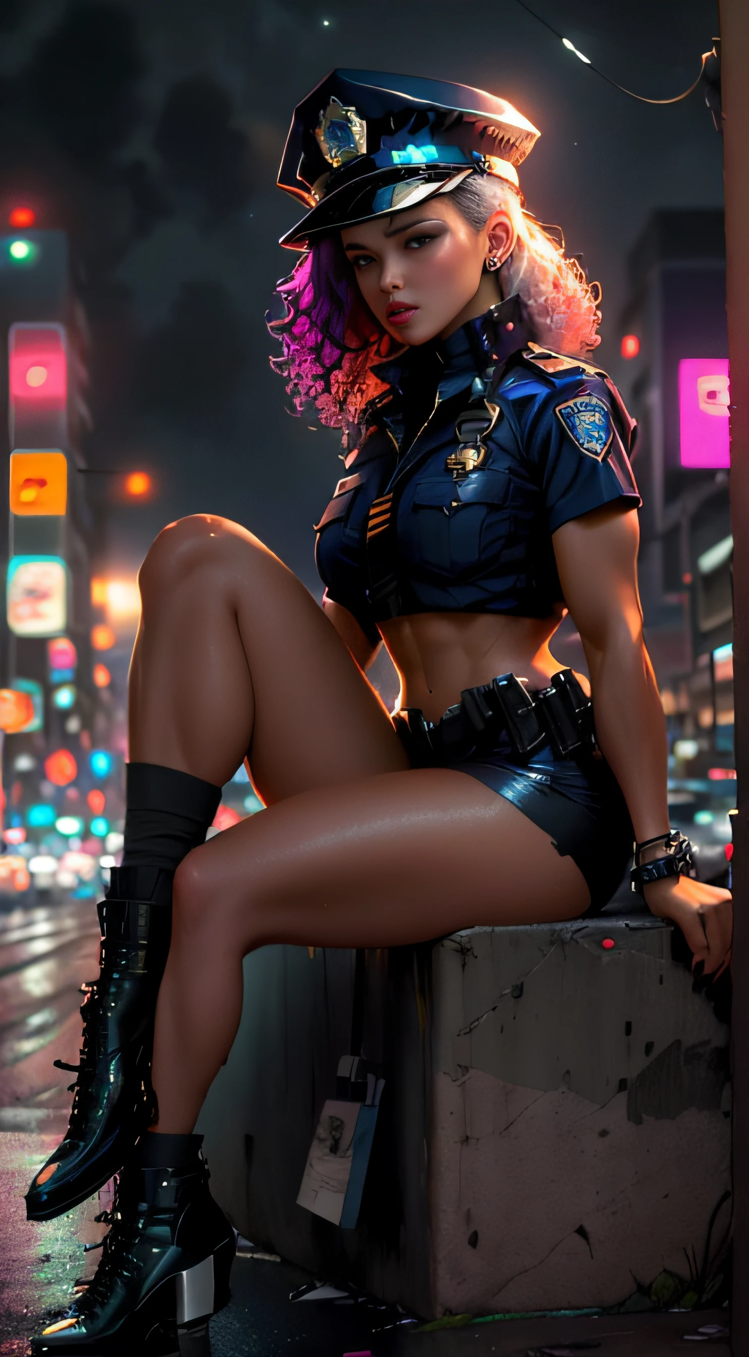 Beautiful woman 1female with curly hair style in a police cap, Short police clothes in the style of cyberpunk police, Tanned:2 Skin, It looks contrasting, good anatomy, Muscles are drawn, stylish sitting,The evening sky is overcast, in the background ((nighttime)) Colorful Neon City, wet asphalt