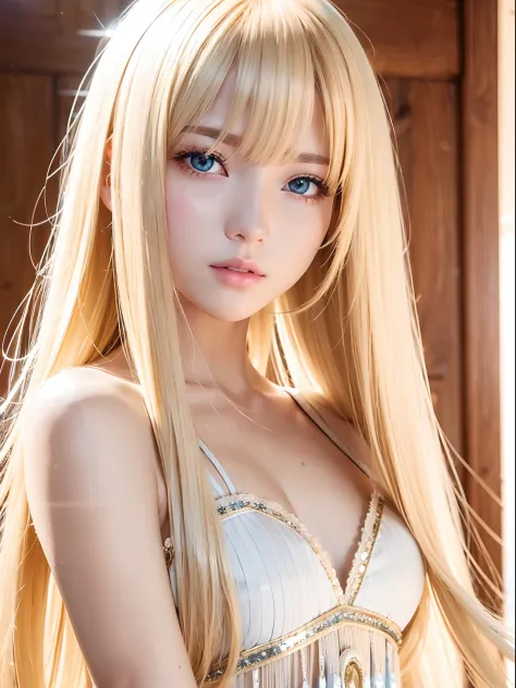 golden shiny shiny hair dazzling blonde super long silky hair、17 years old cute little beautiful face、Glowing hair dancing in fr...